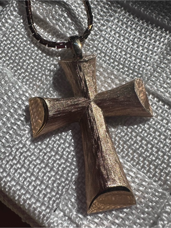 Avon Jewelry - Avon Vintage, MidCentury Golden Cross Pendant Necklace, Textured, Opera Length